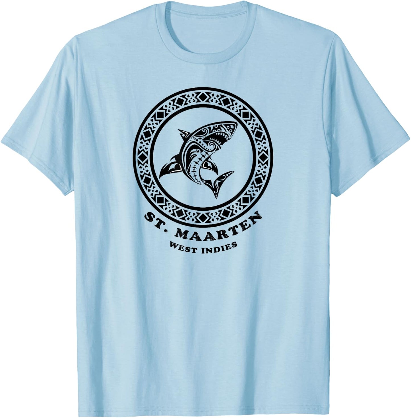 St. Maarten, West Indies Vintage Retro Tribal Shark Vacation T-Shirt - T-Shirt | Light Blue