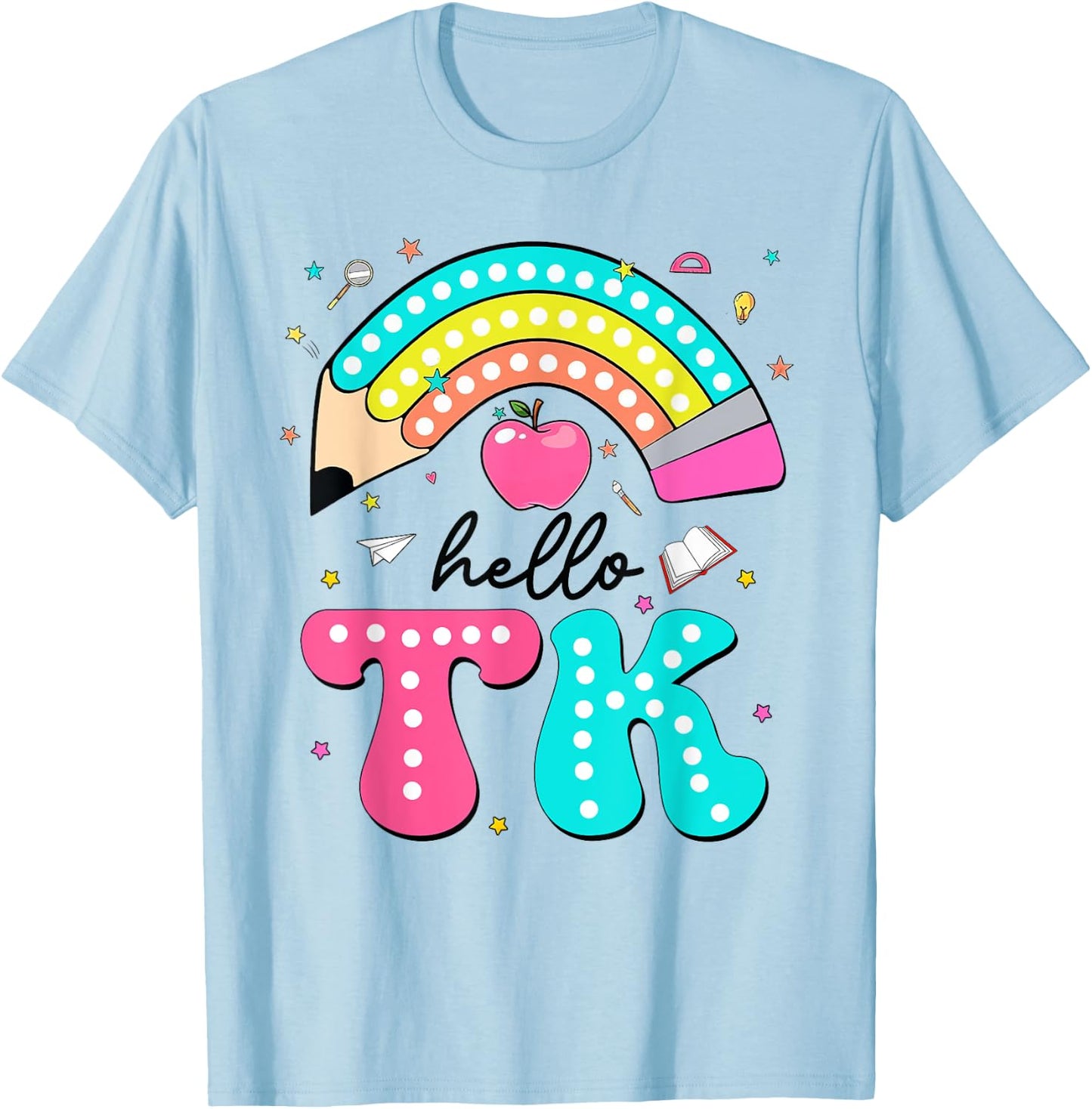 Hello TK Colorful Pencil Rainbow Back To School T-Shirt - T-Shirt | Light Blue