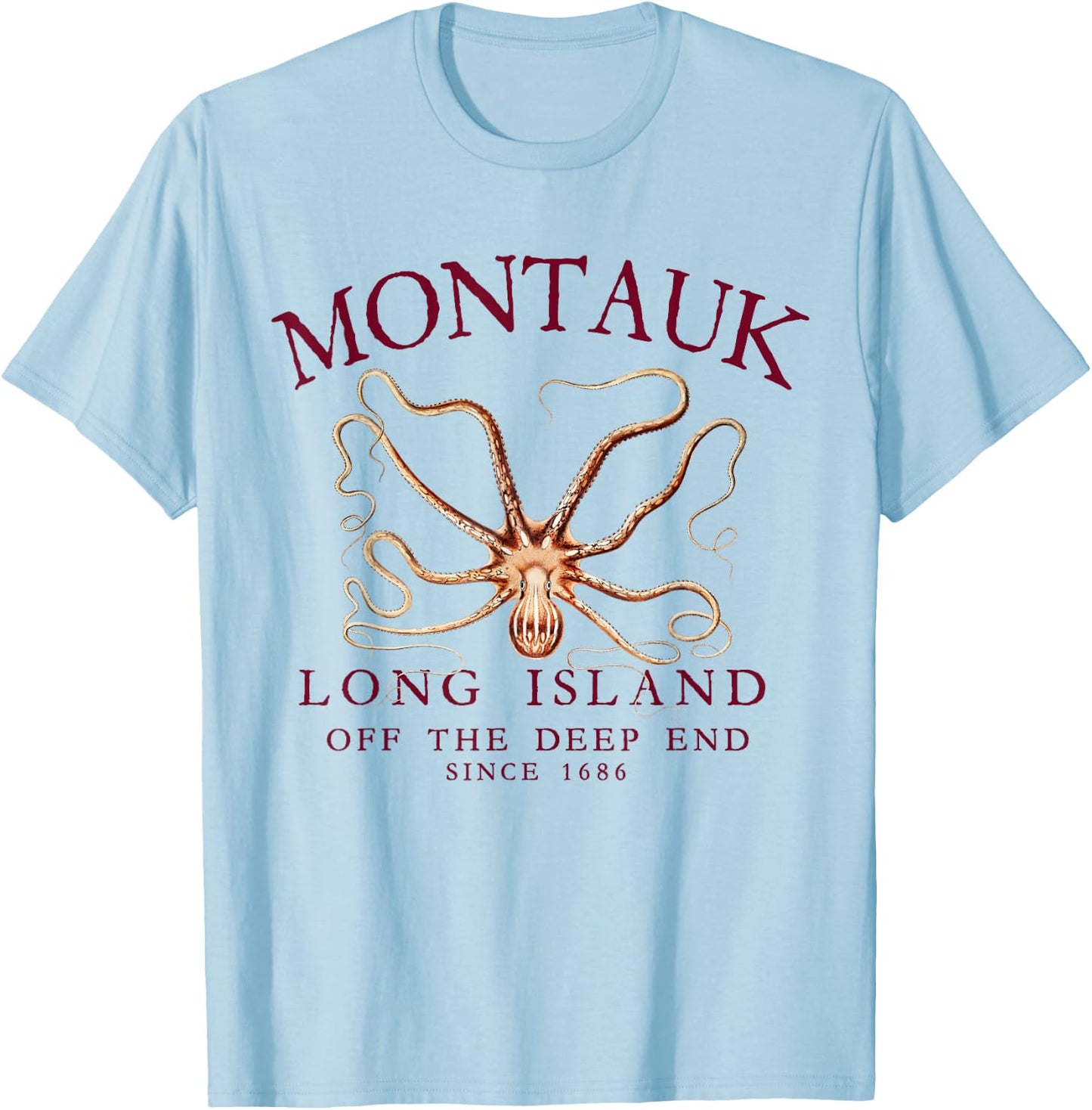 Montauk LI Off The Deep End Kraken Octopus Fishing Burgundy T-Shirt - T-Shirt | Light Blue