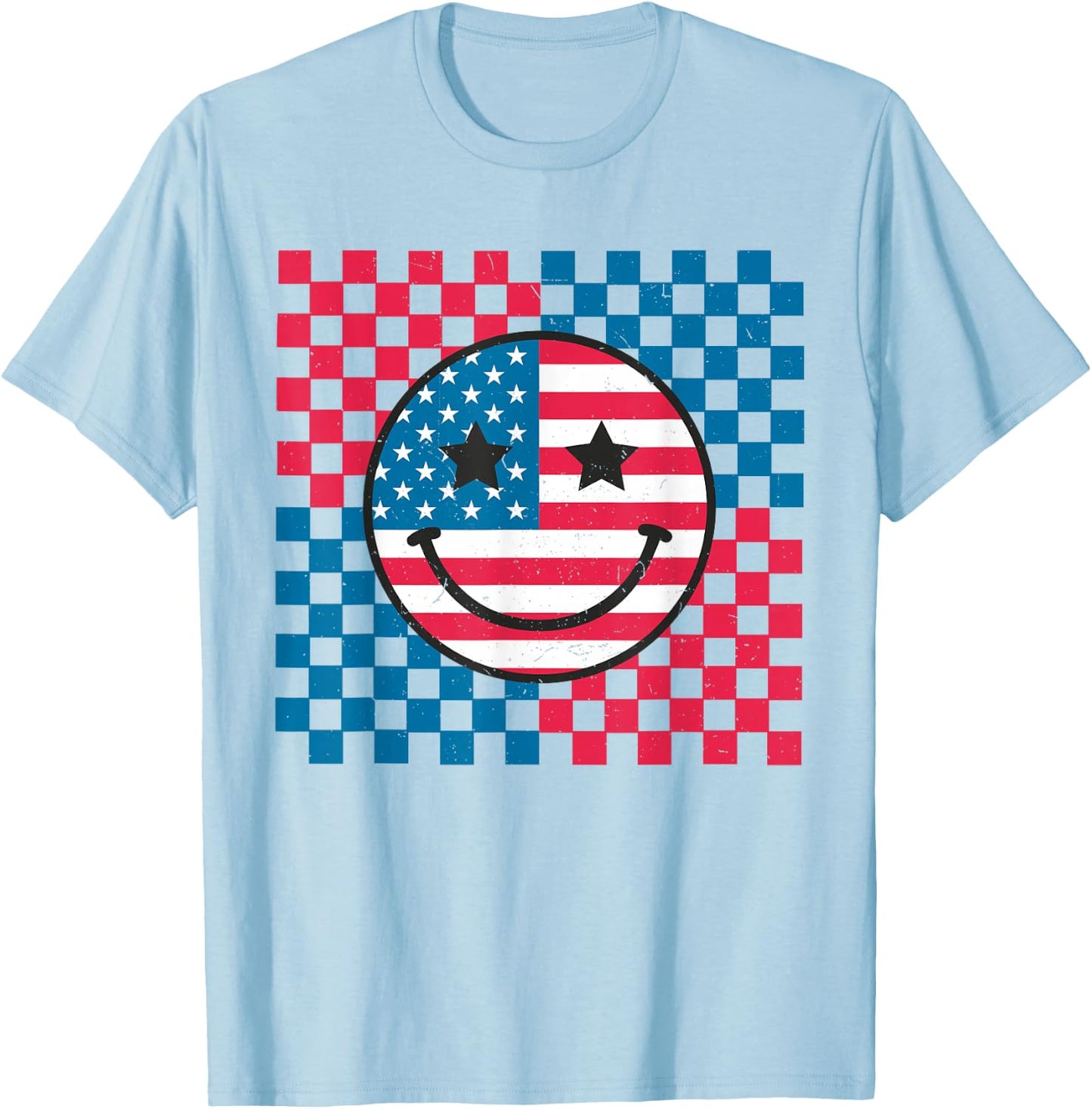USA Checkerboard 4th Of July Happy Face American Girls Kids Men T-Shirt - T-Shirt | Light Blue