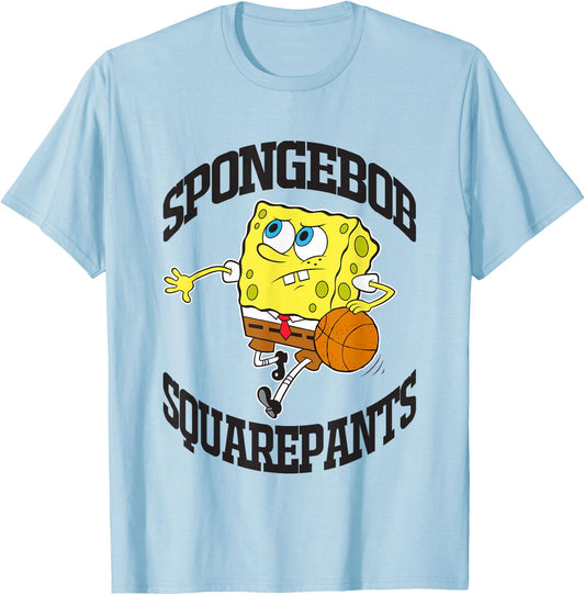 SpongeBob SquarePants Playing Basketball Black Logo T-Shirt - T-Shirt | Light Blue