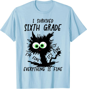 I Survived Sixth Grade I'm fine Cat 6th Grade Grad 2026 T-Shirt - T-Shirt | Light Blue