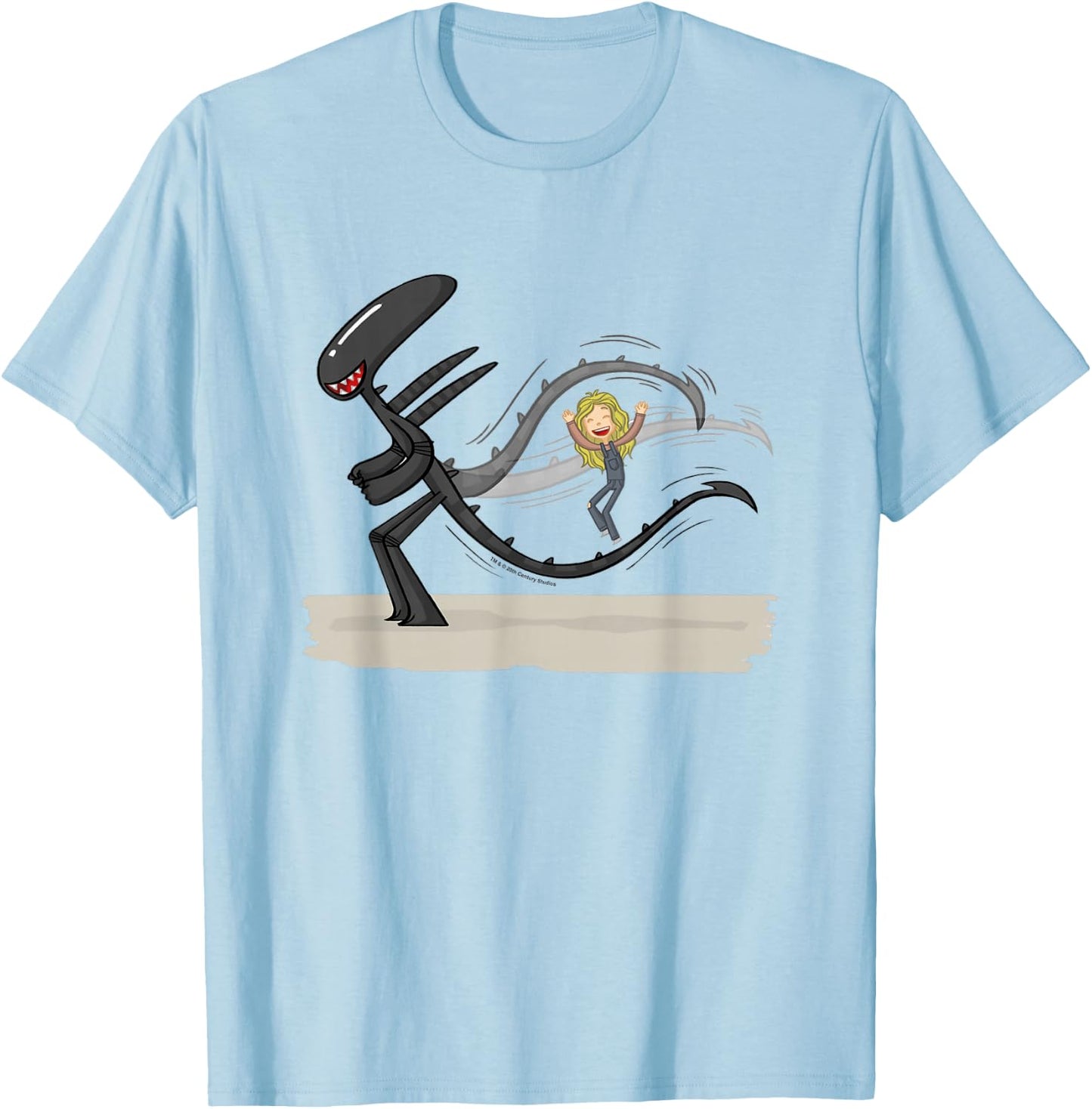 Aliens Cute Animated Xenomorph Jump Tail Big Chest Logo T-Shirt - T-Shirt | Light Blue