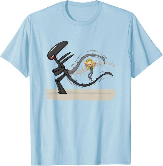 Aliens Cute Animated Xenomorph Jump Tail Big Chest Logo T-Shirt - T-Shirt | Light Blue