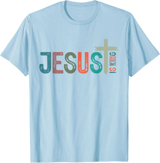 Jesus is King Christian Cross Retro God Loves You Religious T-Shirt - T-Shirt | Light Blue
