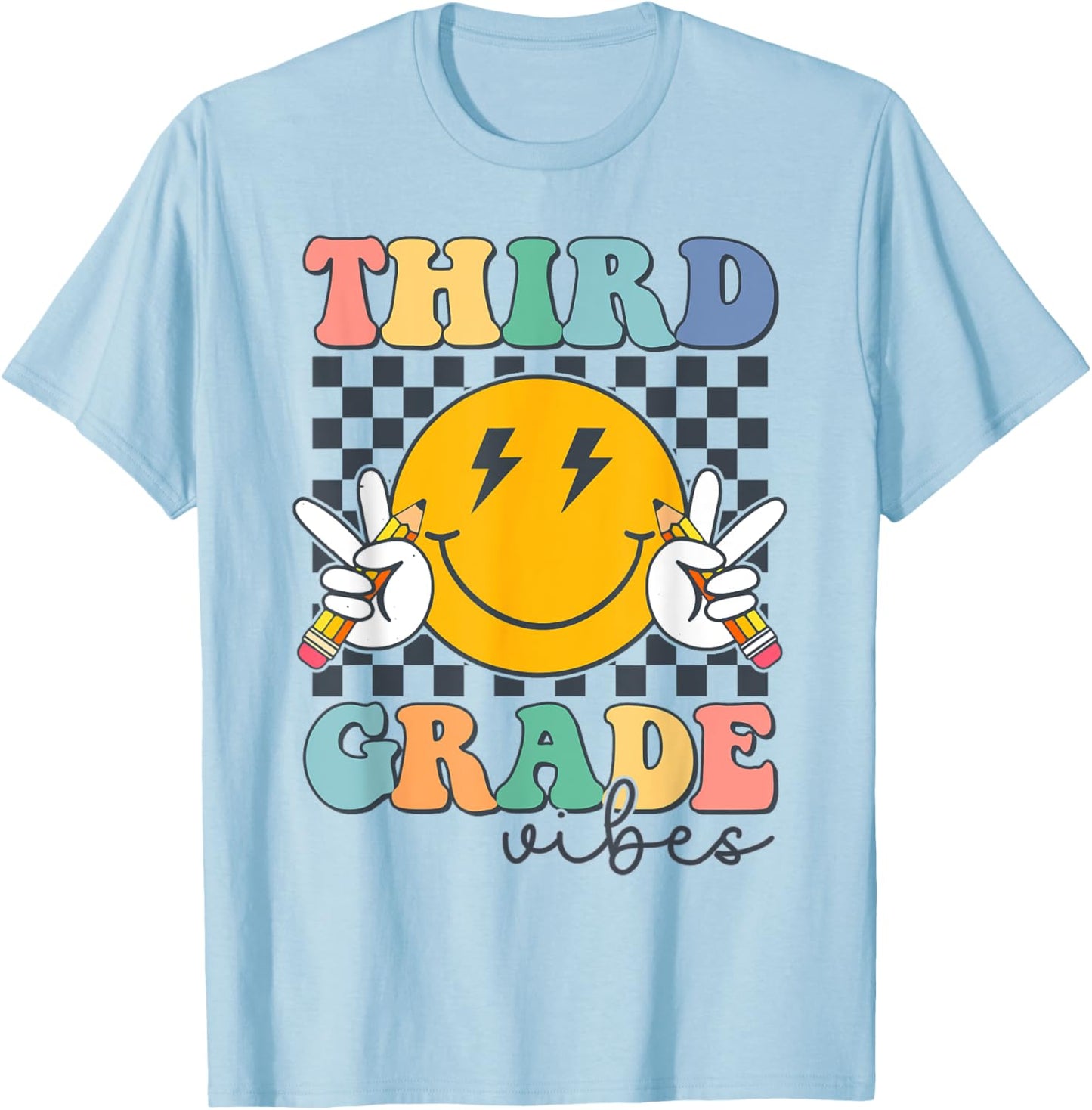 Third Grade Vibes Cute Smile Back To School Groovy Teacher T-Shirt - T-Shirt | Light Blue