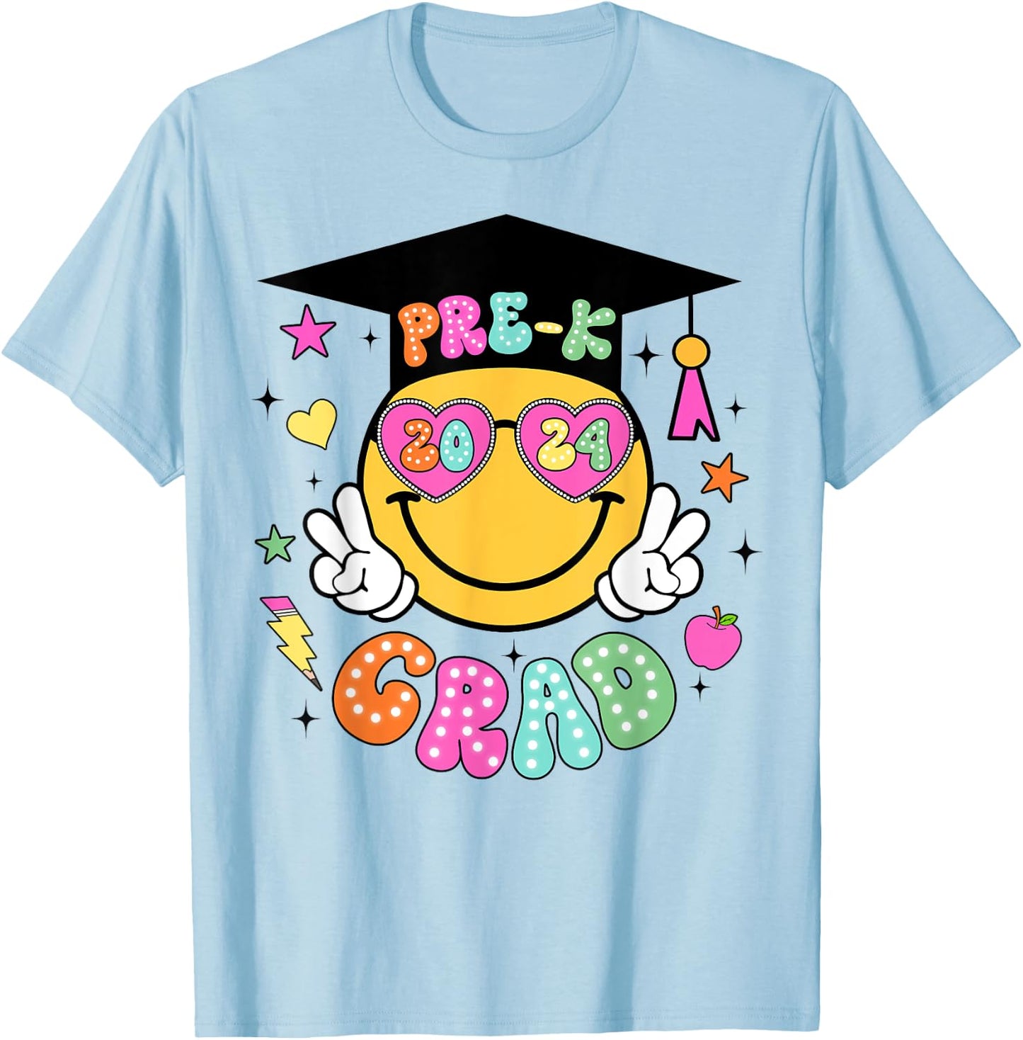 Groovy Pre-K Graduate Happy Face Graduation 2024 Grad T-Shirt - T-Shirt | Light Blue