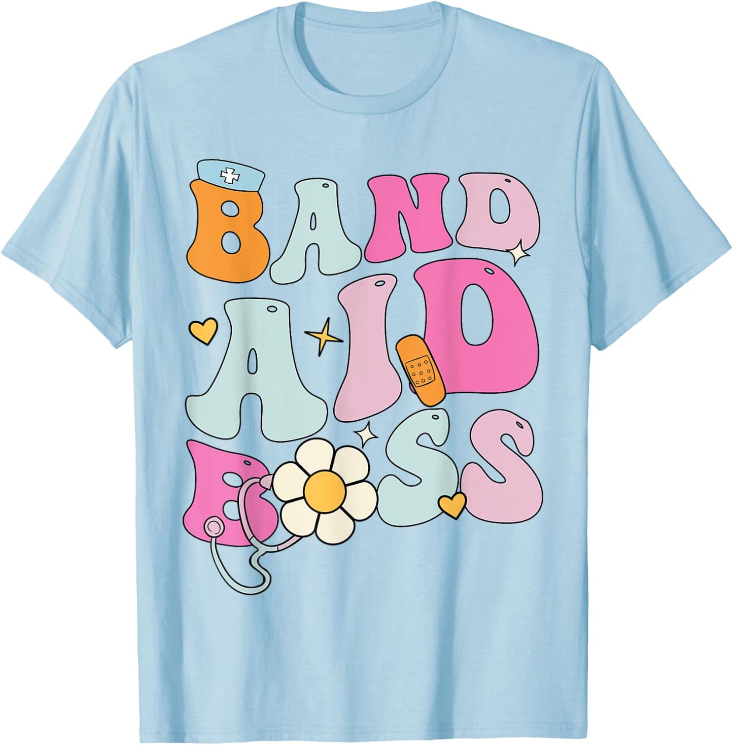 Groovy Band Aid Boss, Cute Back To School Nurse T-Shirt - T-Shirt | Light Blue
