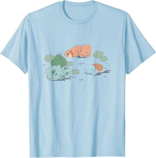 Pokémon Kanto Starters Taking A Nap Cute Retro Shot T-Shirt - T-Shirt | Light Blue