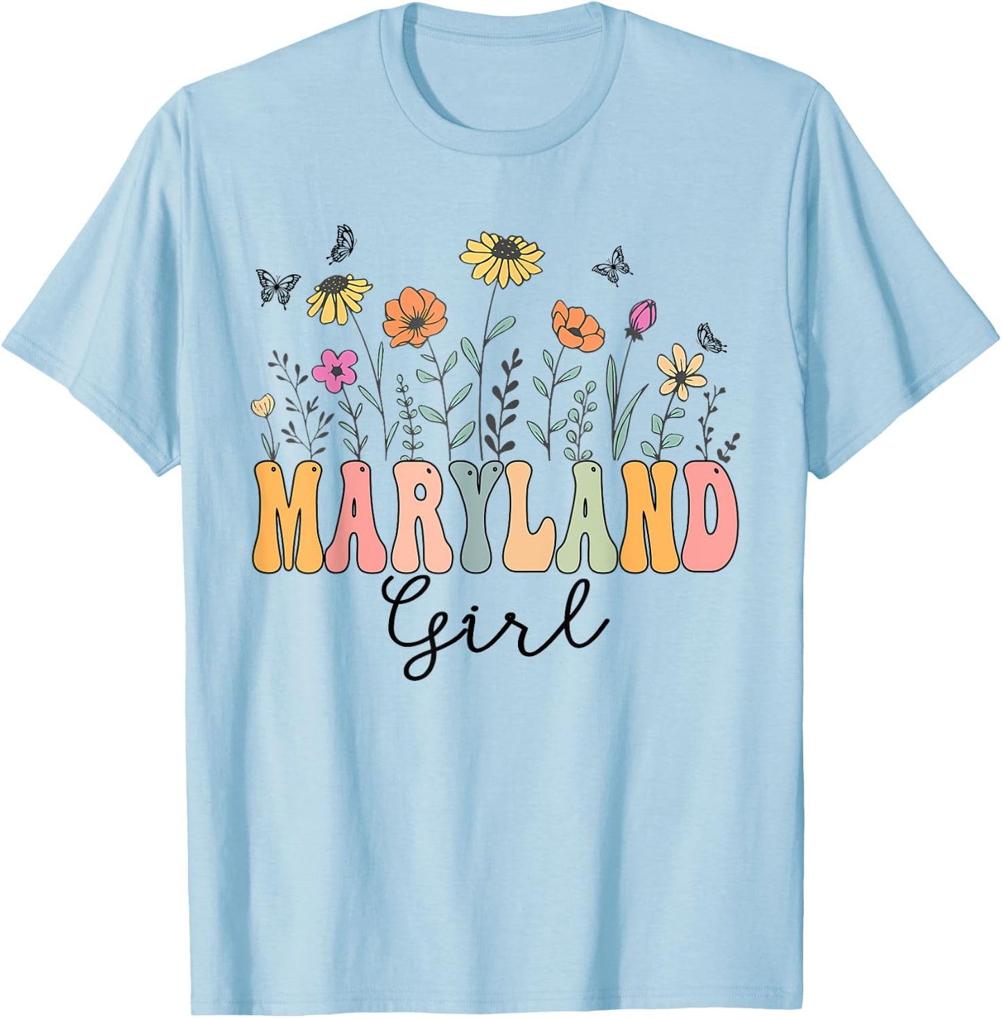 Maryland Girl Wildflower Groovy Maryland Lover T-Shirt - T-Shirt | Light Blue