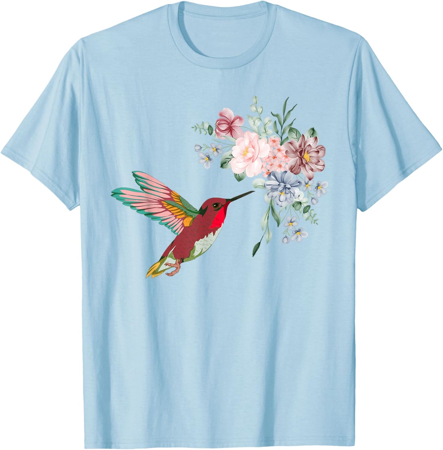 Pretty Bird Nature Animal Vintage Flowers Hummingbird T-Shirt - T-Shirt | Light Blue