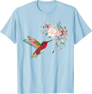 Pretty Bird Nature Animal Vintage Flowers Hummingbird T-Shirt - T-Shirt | Light Blue