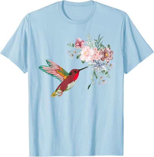 Pretty Bird Nature Animal Vintage Flowers Hummingbird T-Shirt - T-Shirt | Light Blue