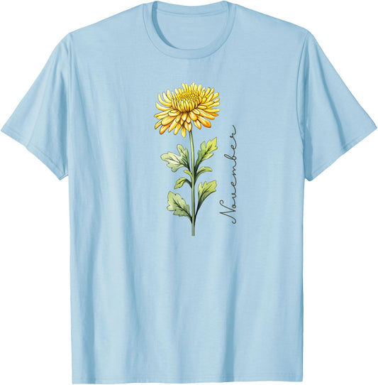 November Birthday Chrysanthemum Birth Flower T-Shirt - T-Shirt | Light Blue