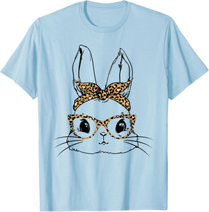 Cute Bunny With Bandana Leopard Glasses Easter Day T-Shirt - T-Shirt | Light Blue