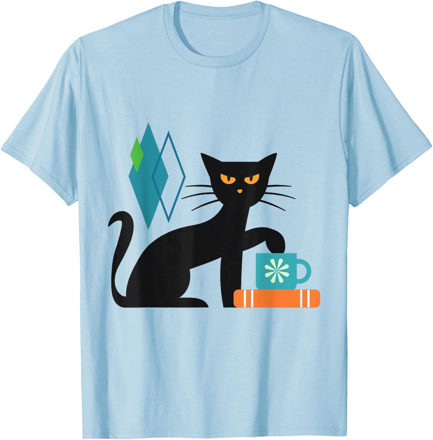Cat Midcentury With Book and Coffee Atomic Age Mid Century T-Shirt - T-Shirt | Light Blue