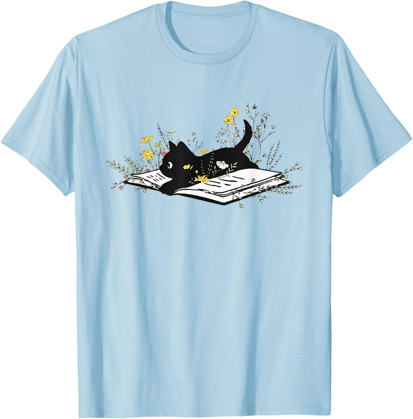 Cute Book Black Cat Book Lover Floral Teacher Life Women T-Shirt - T-Shirt | Light Blue