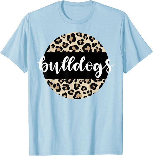Leopard Print Bulldogs Team Mascot School Spirit Game Night T-Shirt - T-Shirt | Light Blue