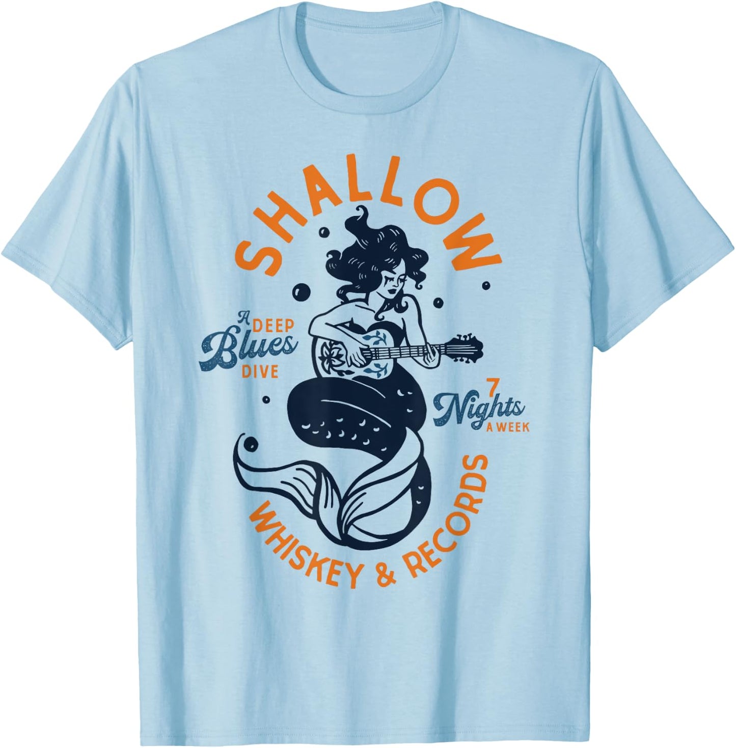 Vintage Music Venue Shirt: Whiskey Dive Bar Mermaid Guitar T-Shirt - T-Shirt | Light Blue