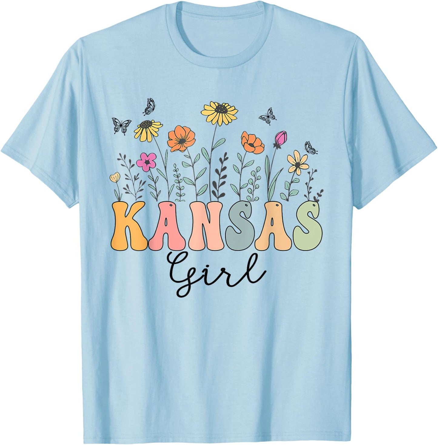 Kansas Girl Wildflower Groovy Kansas Lover T-Shirt - T-Shirt | Light Blue