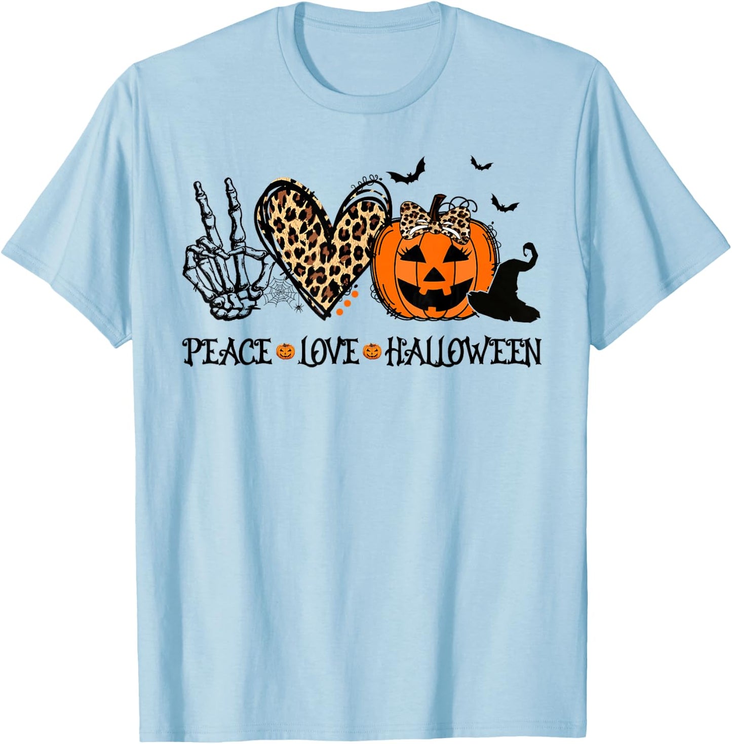 Peace Love Halloween Happy Halloween Pumpkin Leopard Heart T-Shirt - T-Shirt | Light Blue