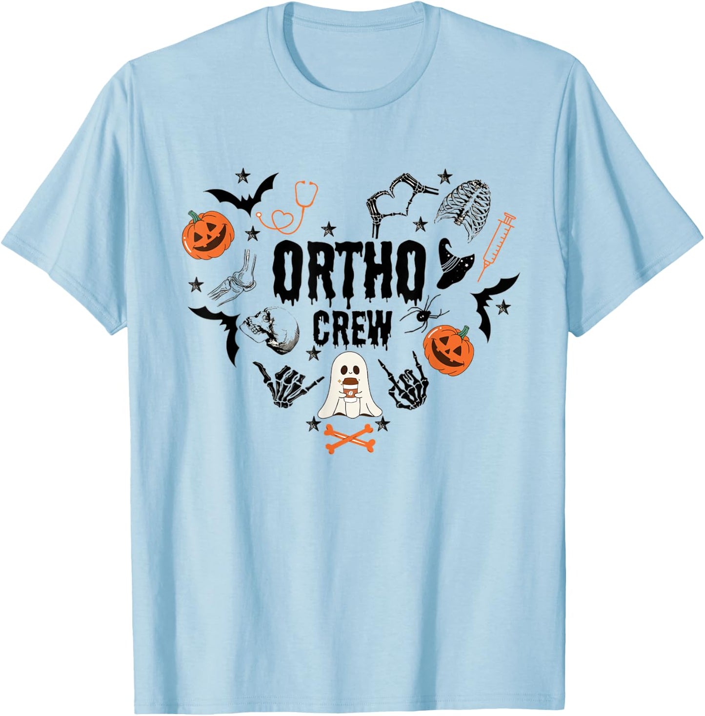 Ortho Crew Halloween Pumpkin Orthopedic Nurse Skeleton Hand T-Shirt - T-Shirt | Light Blue