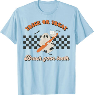 Trick Or Treat Brush Your Teeth Dental Halloween Dentist T-Shirt - T-Shirt | Light Blue