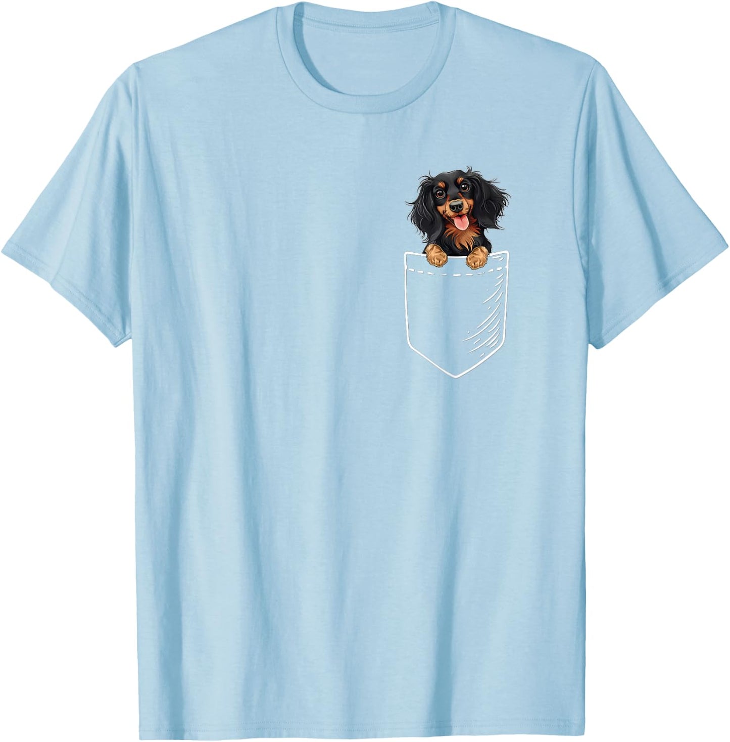 Funny Pocket Black Long Haired Dachshund Lover T-Shirt - T-Shirt | Light Blue