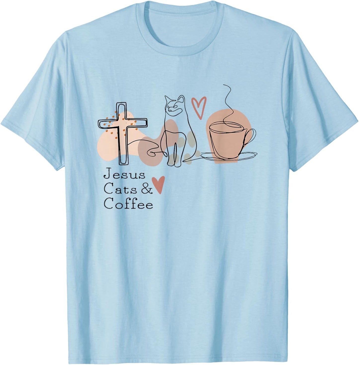 Jesus Cats And Coffee Minimalist Graphic Design T-Shirt - T-Shirt | Light Blue