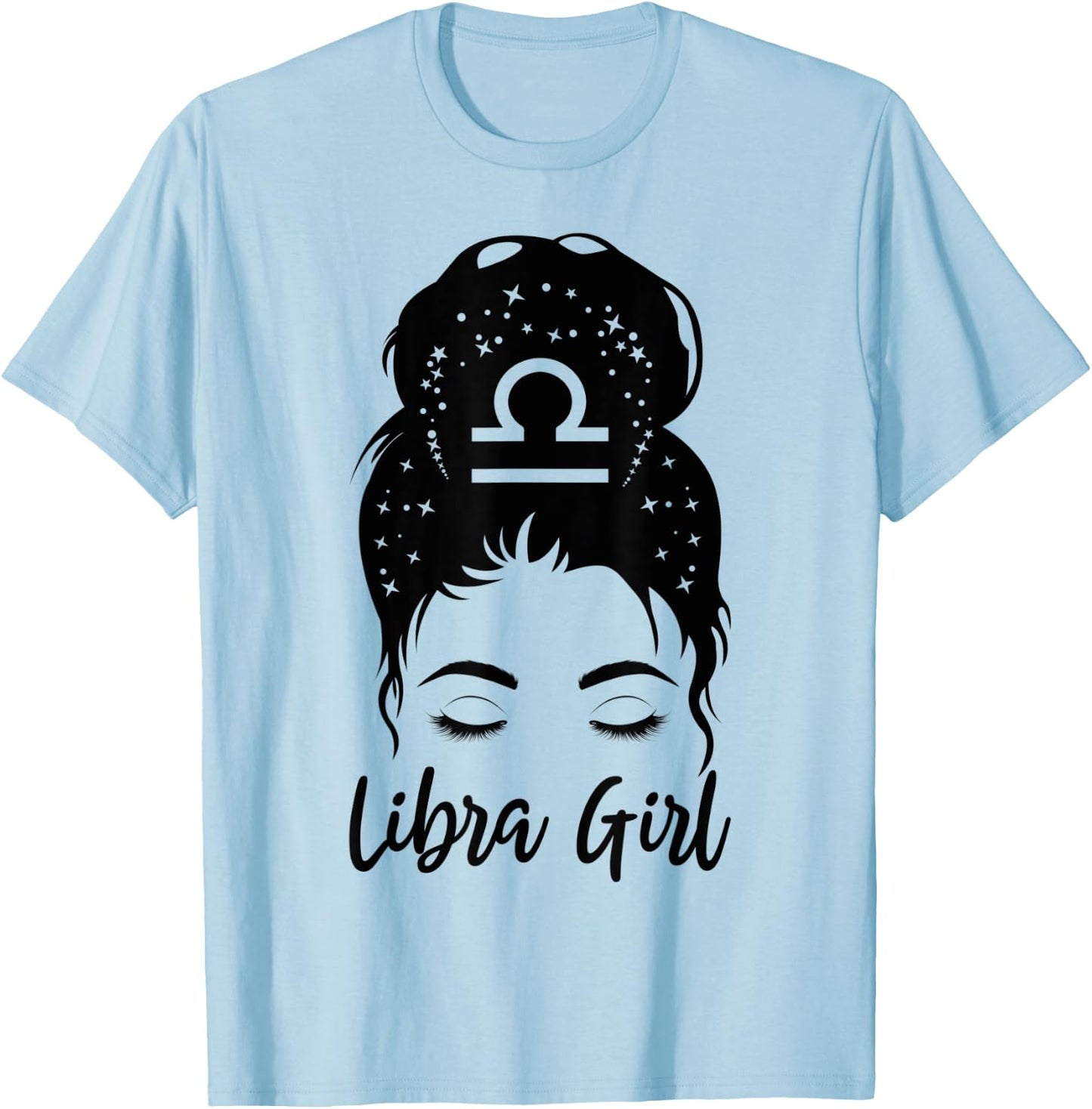 Libra Girl Messy Bun Zodiac Symbol Woman Birthday Costume T-Shirt - T-Shirt | Light Blue