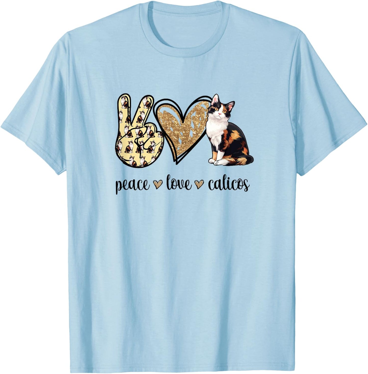 Peace Love Calico Cat Lover T-Shirt - T-Shirt | Light Blue
