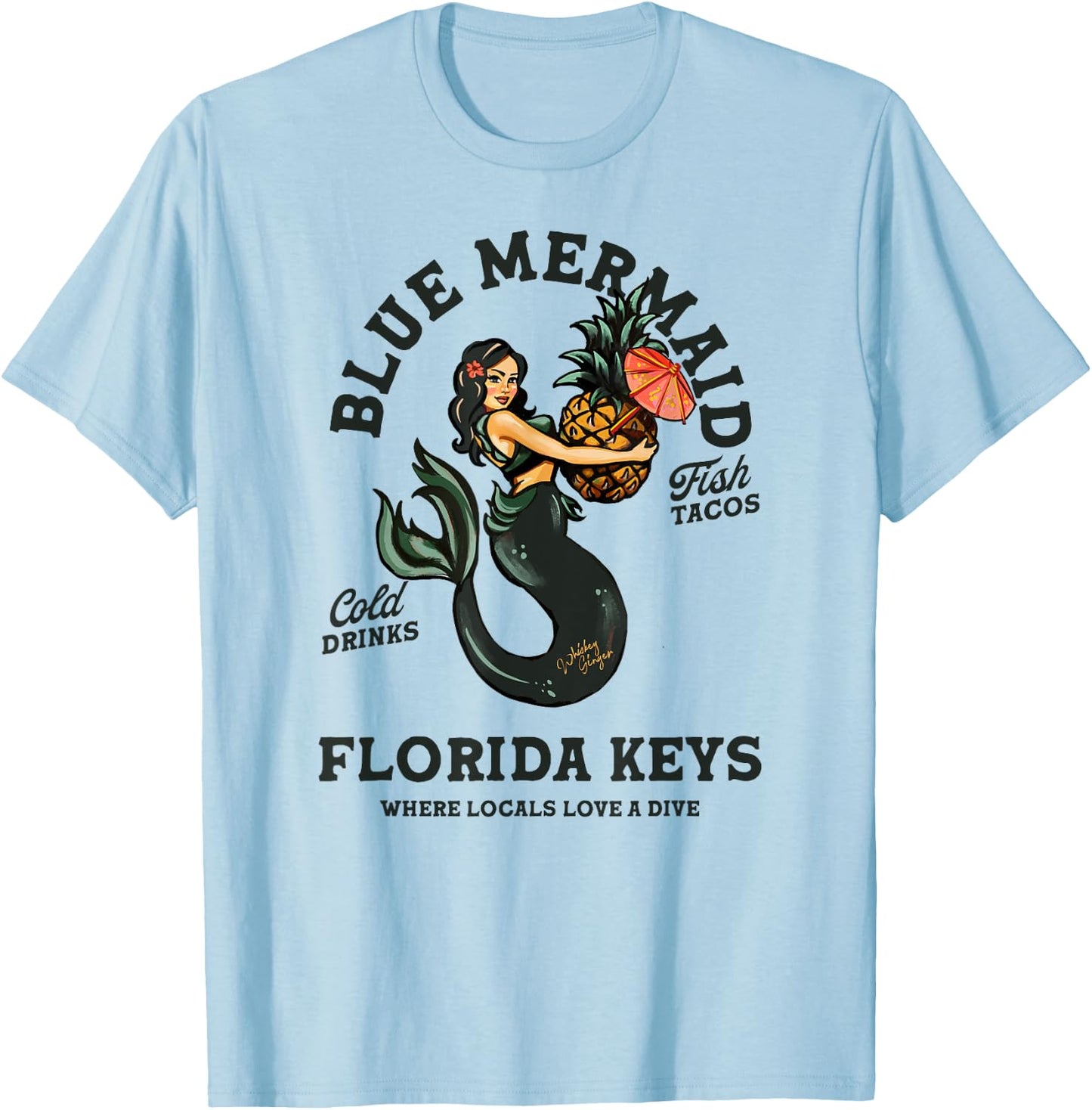 Florida Keys Tiki Bar Mermaid Shirt Pin Up Beach Mermaids T-Shirt - T-Shirt | Light Blue