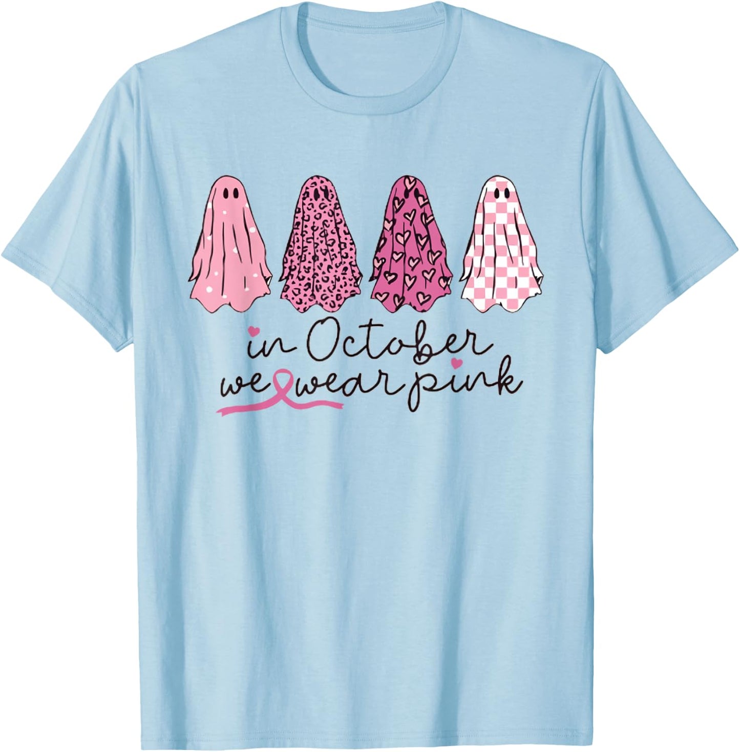 Women In October We Wear Pink Wizard Ghosts Breast Cancer T-Shirt - T-Shirt | Light Blue