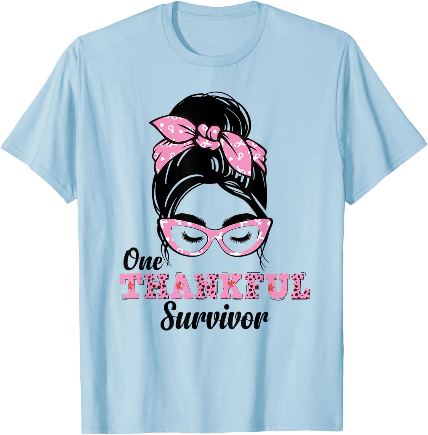 One Thankful Survivor Messy Bun Breast Cancer Awareness T-Shirt - T-Shirt | Light Blue