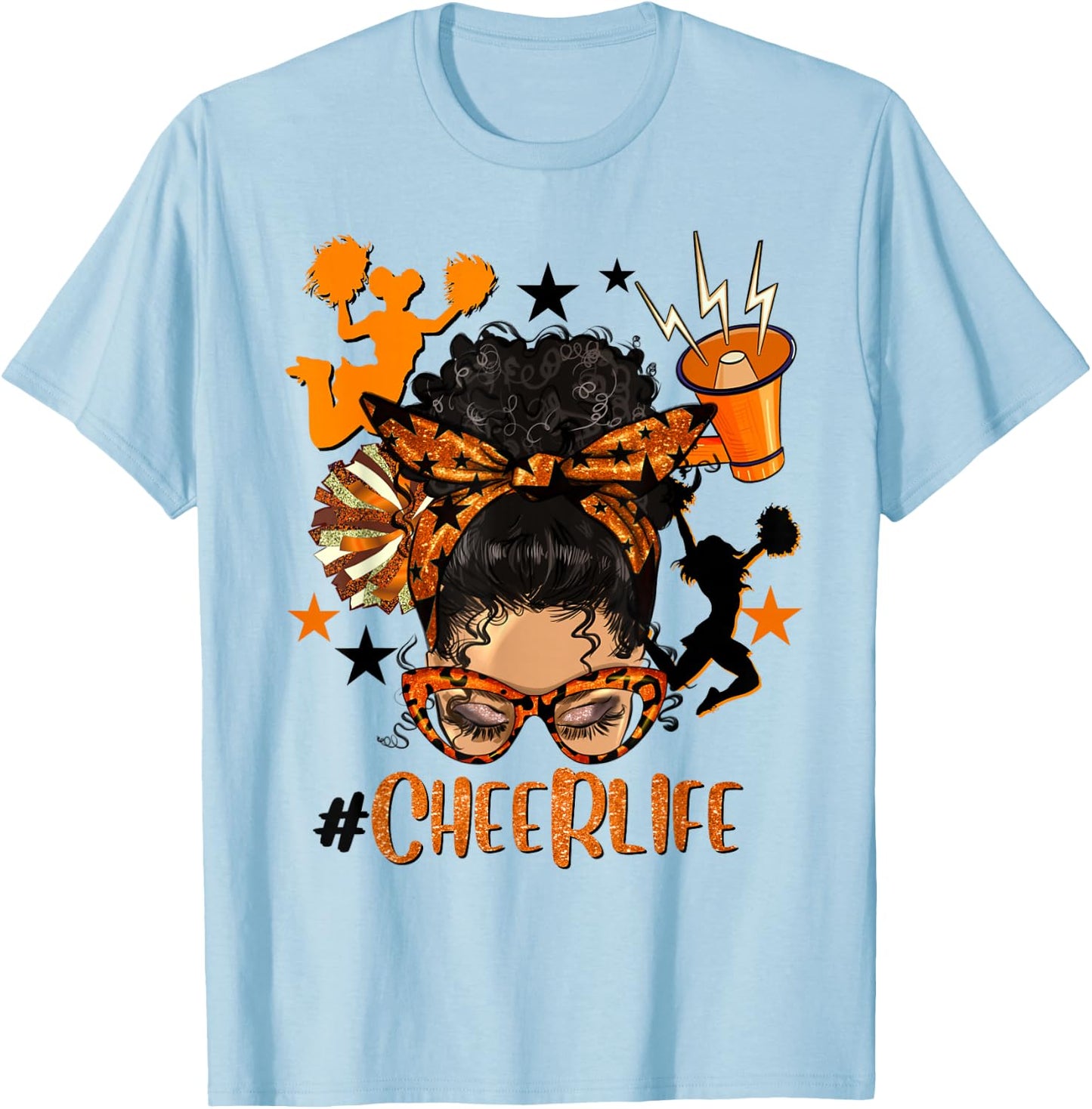 Cheer Life Messy Bun Brunette Orange Black Cheerleading Team T-Shirt - T-Shirt | Light Blue