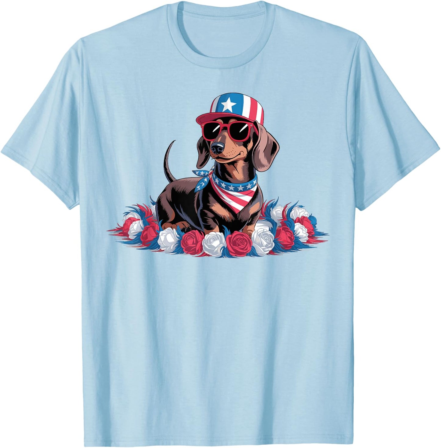 Patriotic Dachshund Dog USA Flag Sunglasses 4th of July T-Shirt - T-Shirt | Light Blue