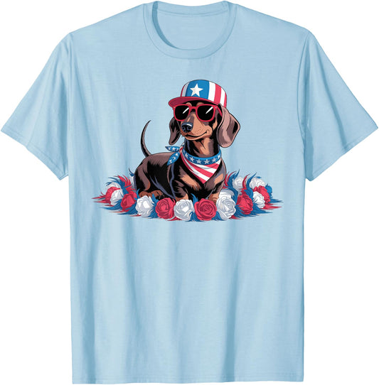 Patriotic Dachshund Dog USA Flag Sunglasses 4th of July T-Shirt - T-Shirt | Light Blue
