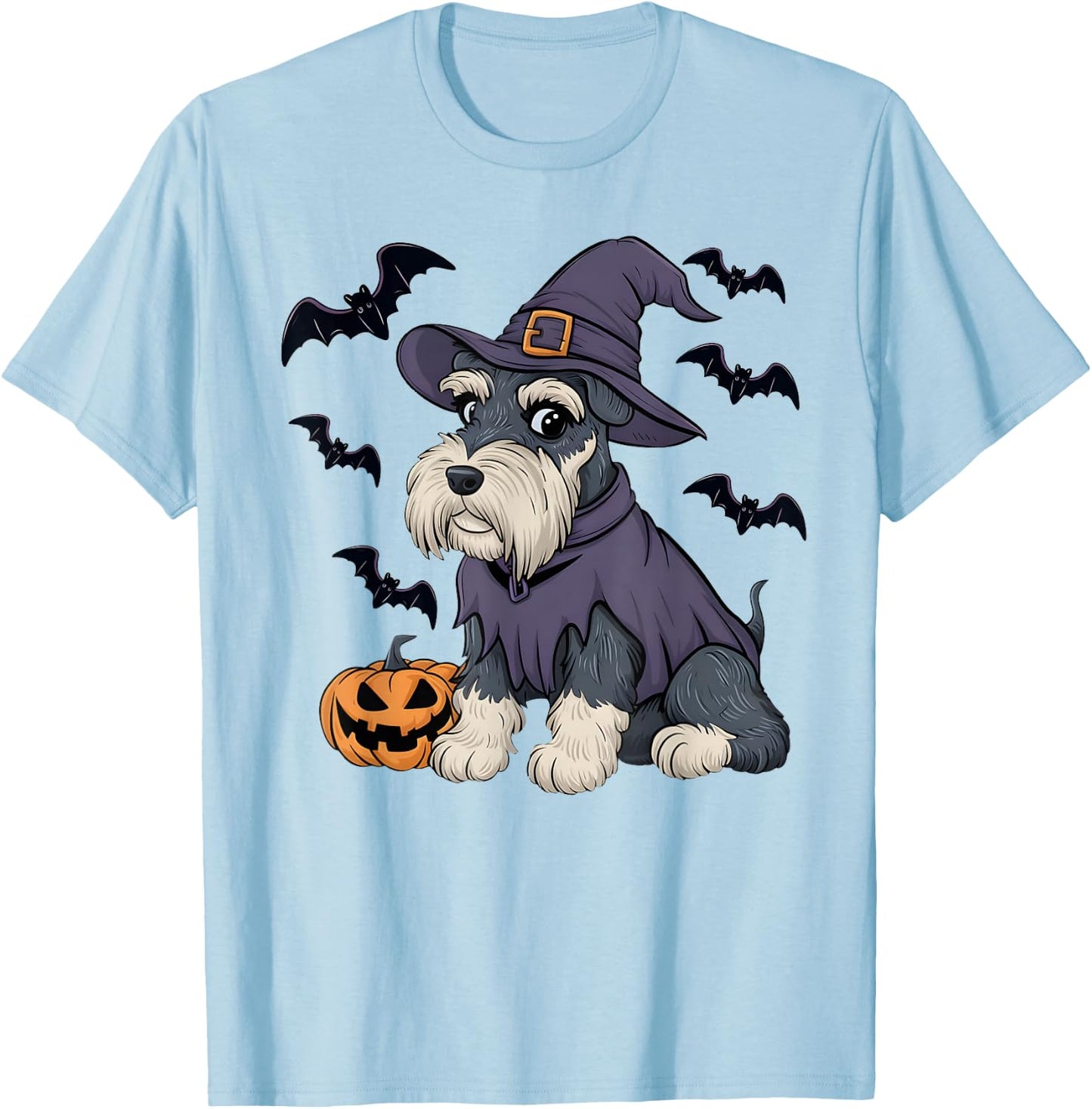 Schnauzer Dog Scary Pumpkin Bat Witch Schnauzer Halloween T-Shirt - T-Shirt | Light Blue