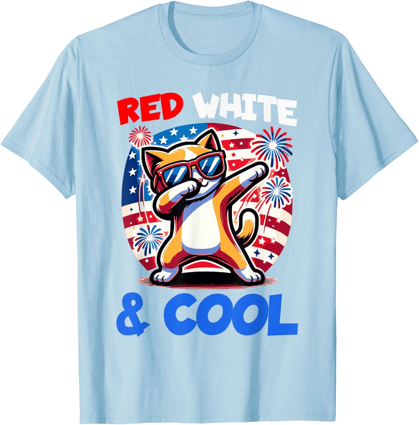 4th of July Red White & Cool Dabbing Kitty Cat Funny Graphic T-Shirt - T-Shirt | Light Blue