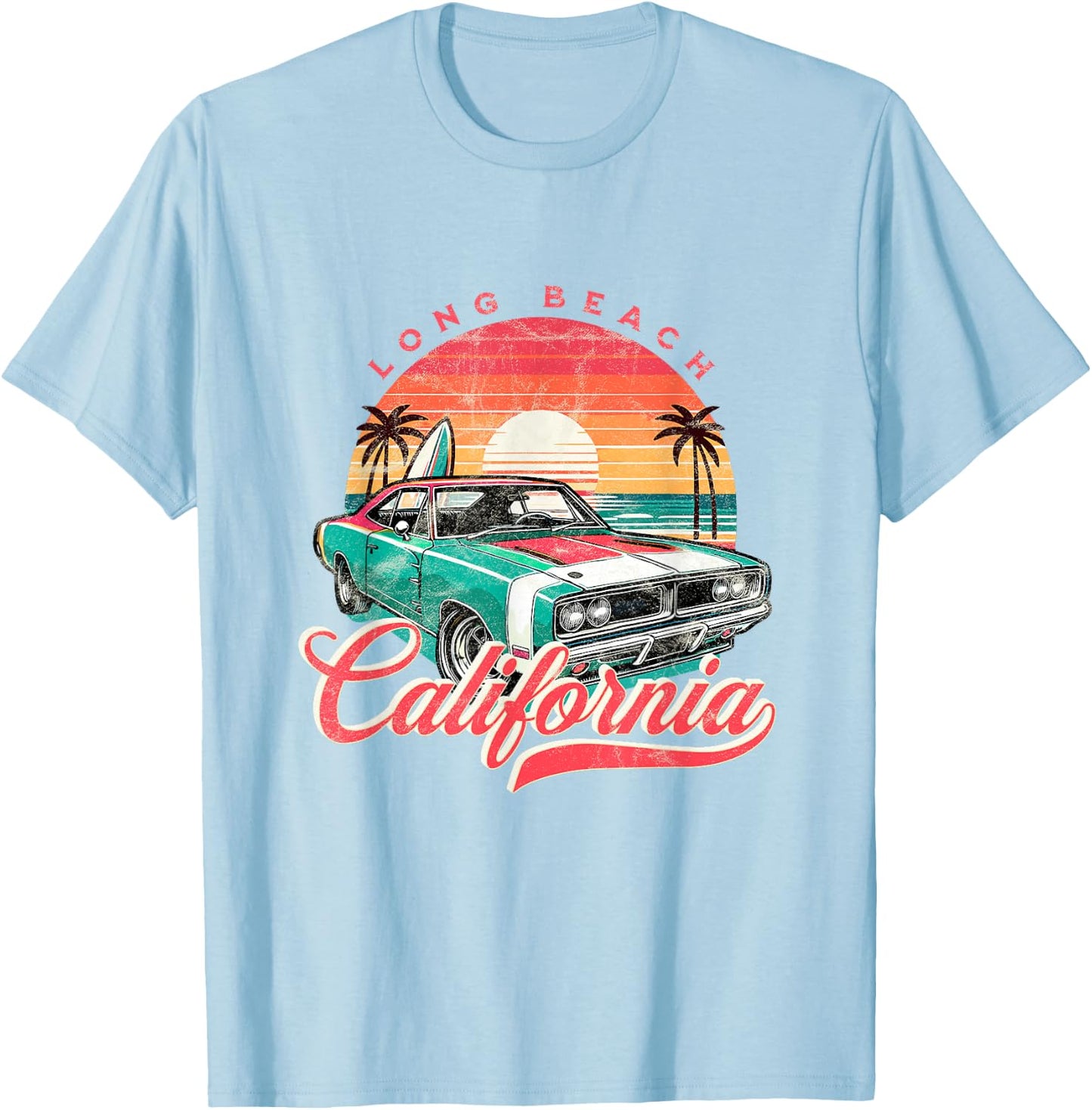 Classic Muscle Car Retro Long Beach California Surfer Sun T-Shirt - T-Shirt | Light Blue