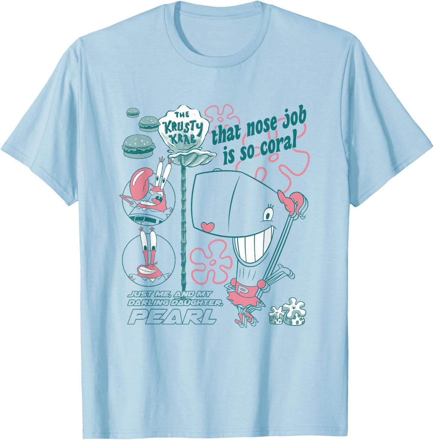 SpongeBob SquarePants Mr. Krabs And Pearl Retro Chest Poster T-Shirt - T-Shirt | Light Blue