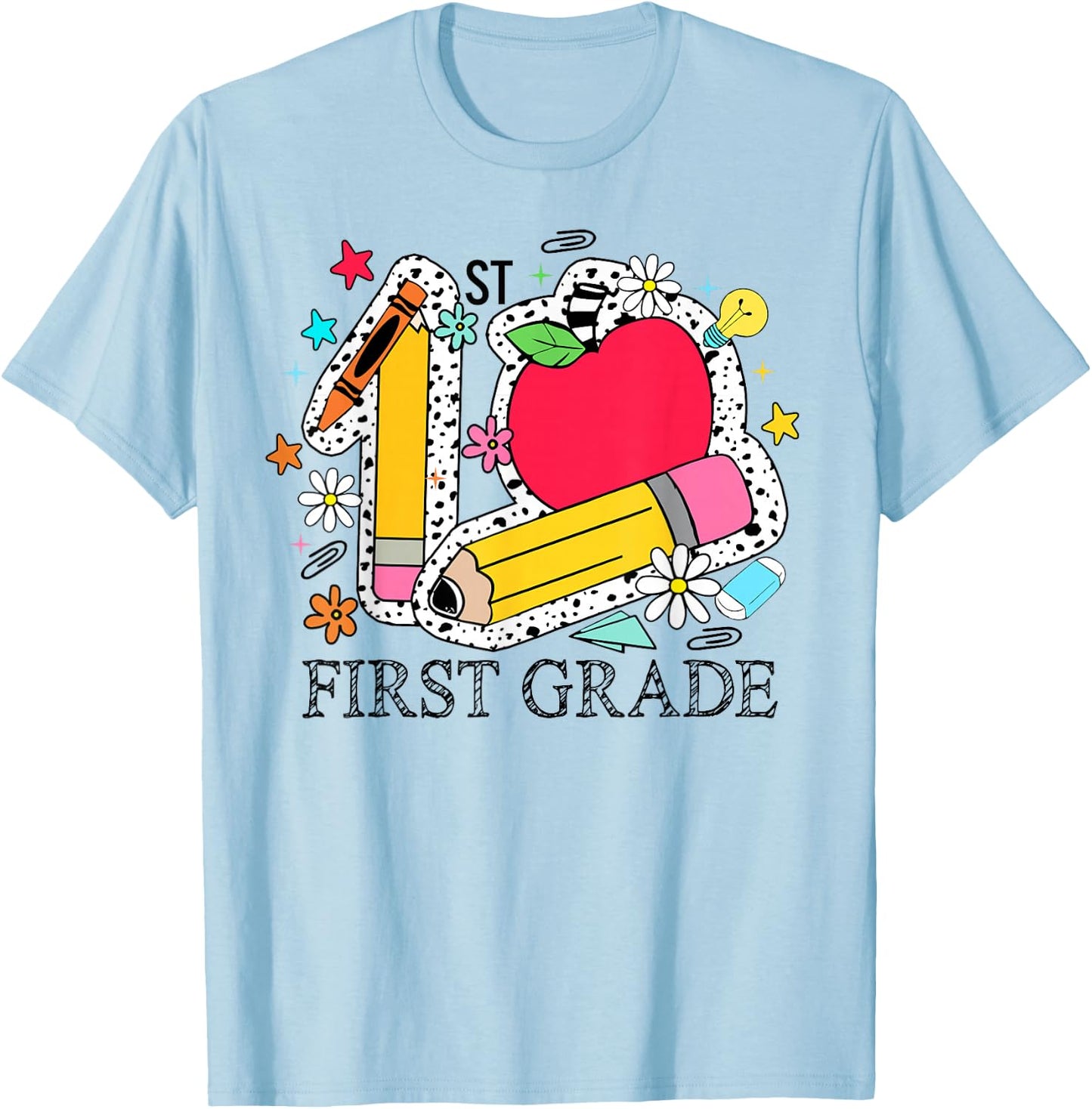 First Grade 1st Grade Teacher Pencil Apple Back To School T-Shirt - T-Shirt | Light Blue