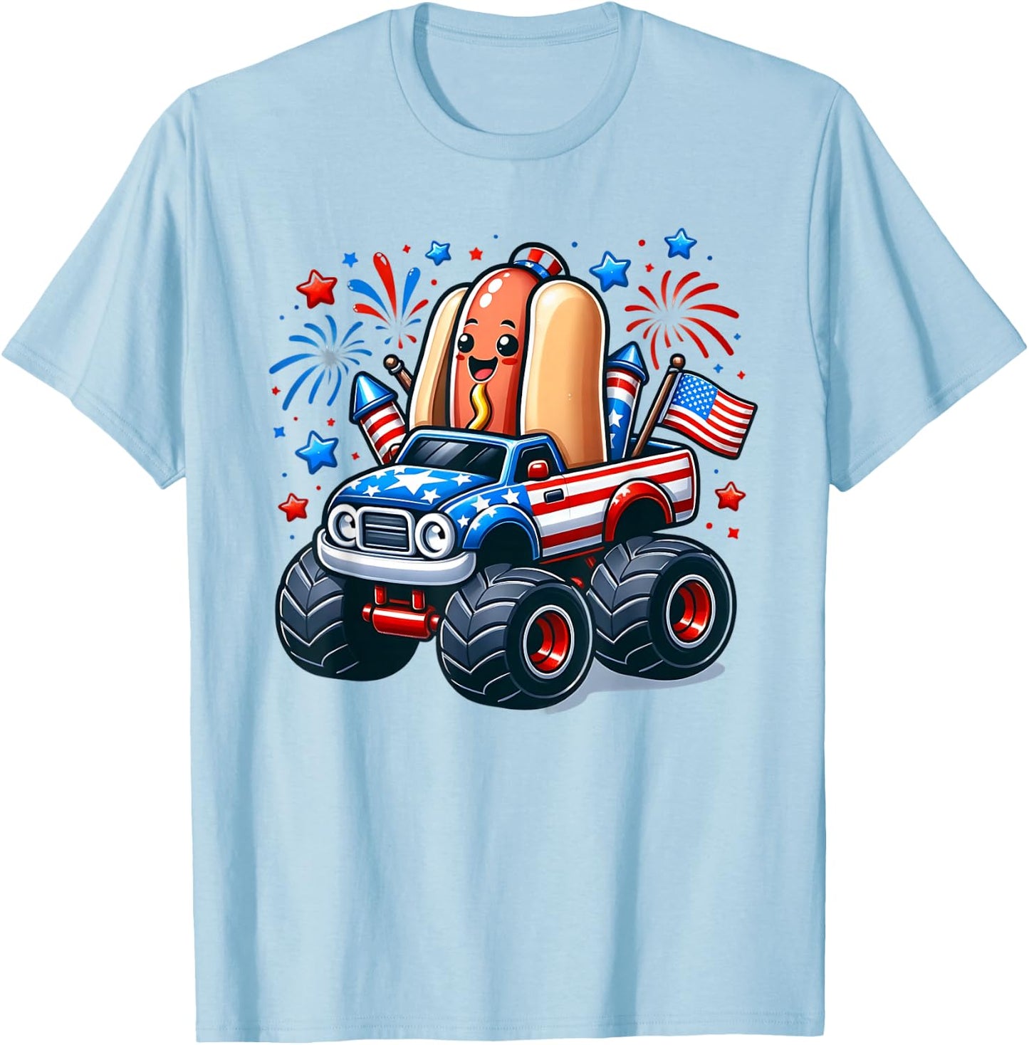 4th of July Shirts Boys Kids Hot Dog Red White Blue USA Flag T-Shirt - T-Shirt | Light Blue