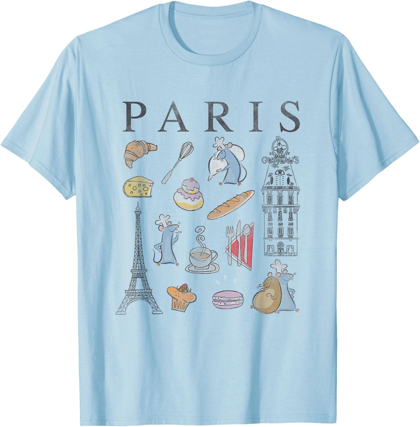 Disney Pixar Ratatouille Paris Food & Places Collage Retro T-Shirt - T-Shirt | Light Blue