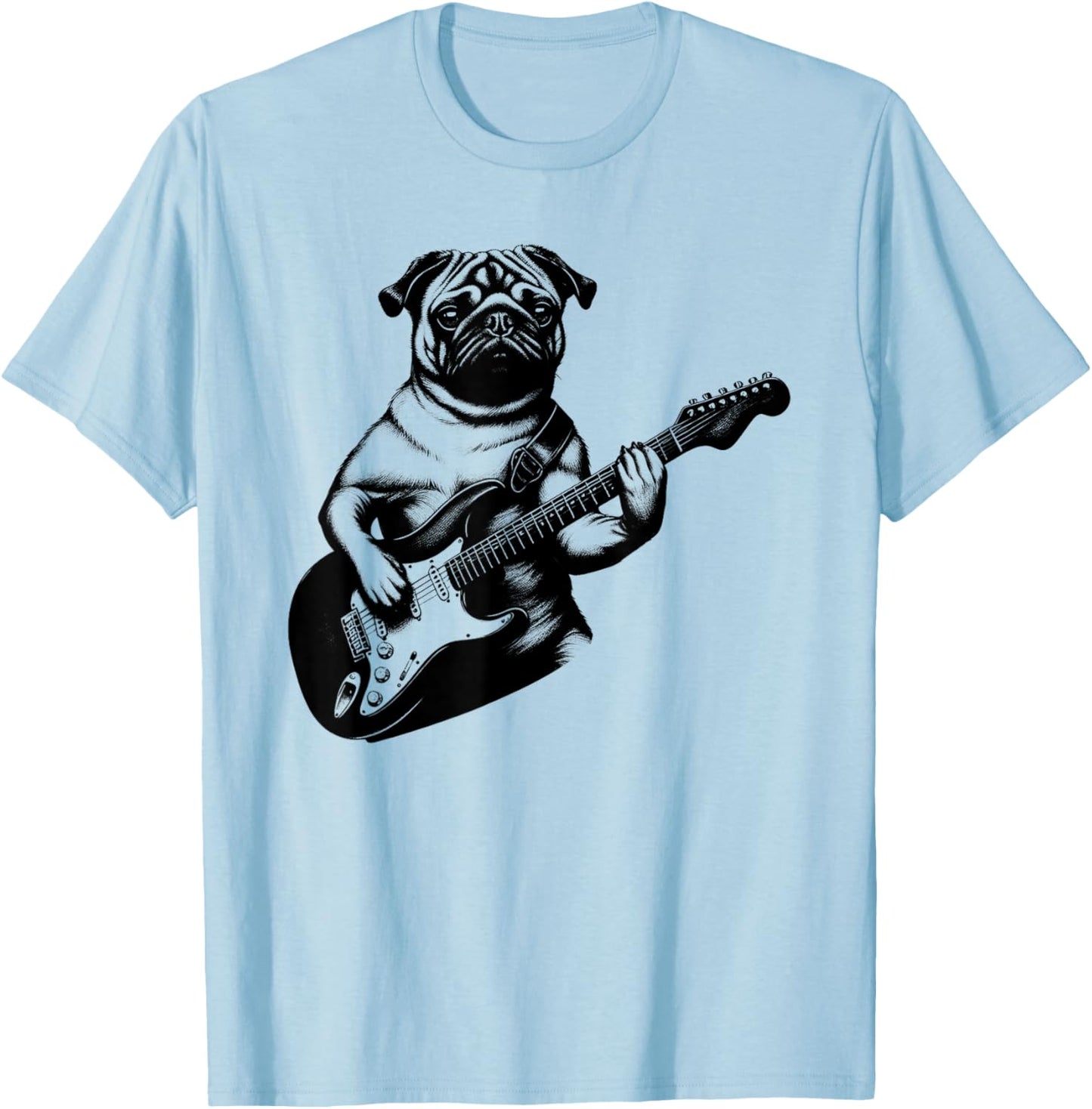 Pug Dog Playing Electric Guitar Rock Star Guitarist T-Shirt - T-Shirt | Light Blue