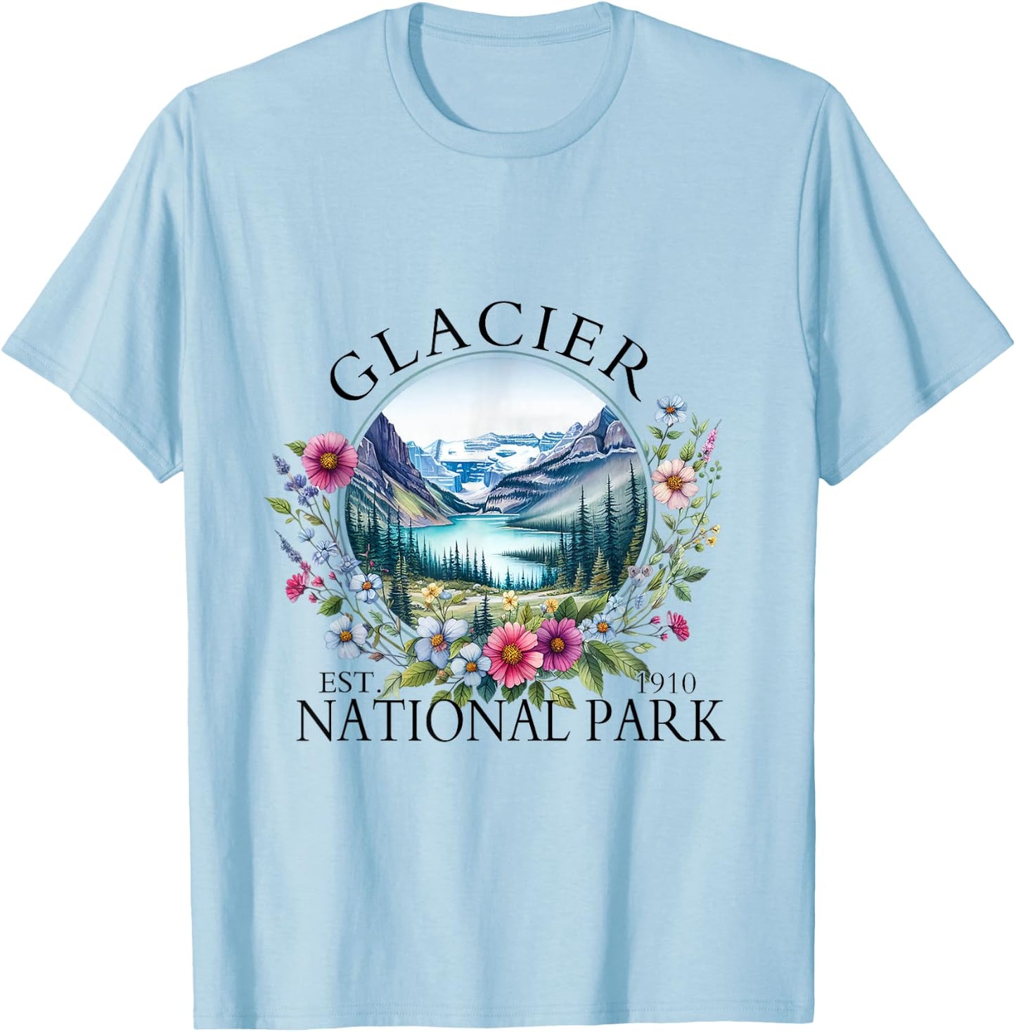 Retro Floral Glacier National Park Hiking Camping Outdoor T-Shirt - T-Shirt | Light Blue