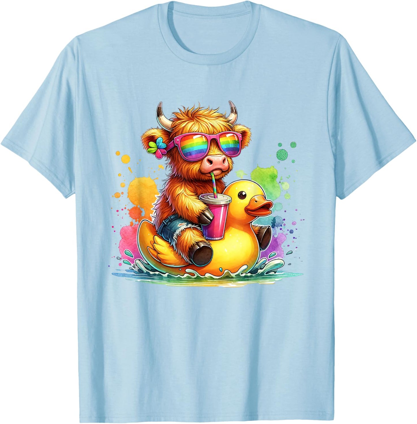 Cute Highland Cow Duck Pool Float Summer Vibes Swimming T-Shirt - T-Shirt | Light Blue