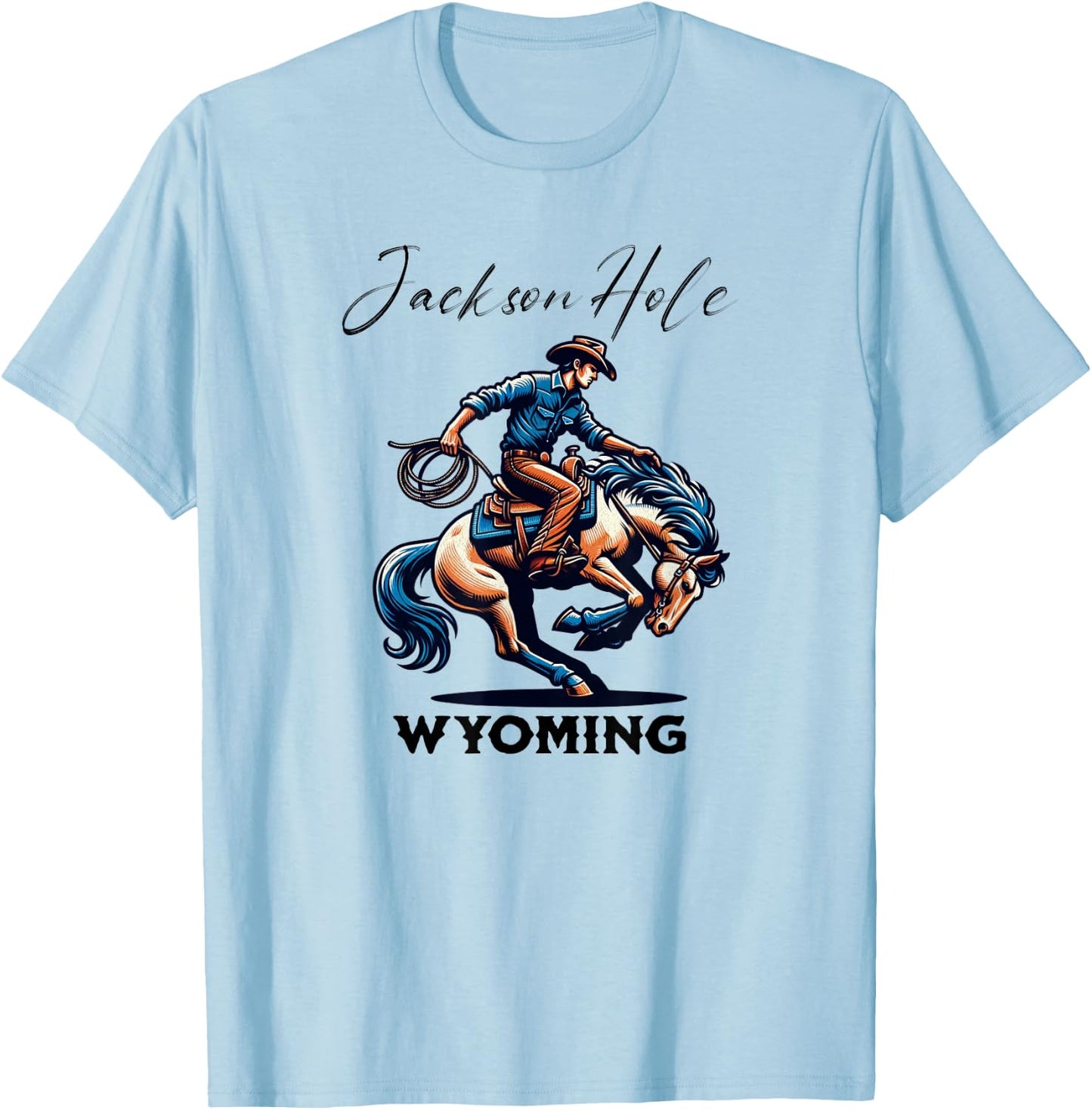 Jackson Hole Wyoming Rodeo Cowboy and Horse T-Shirt - T-Shirt | Light Blue