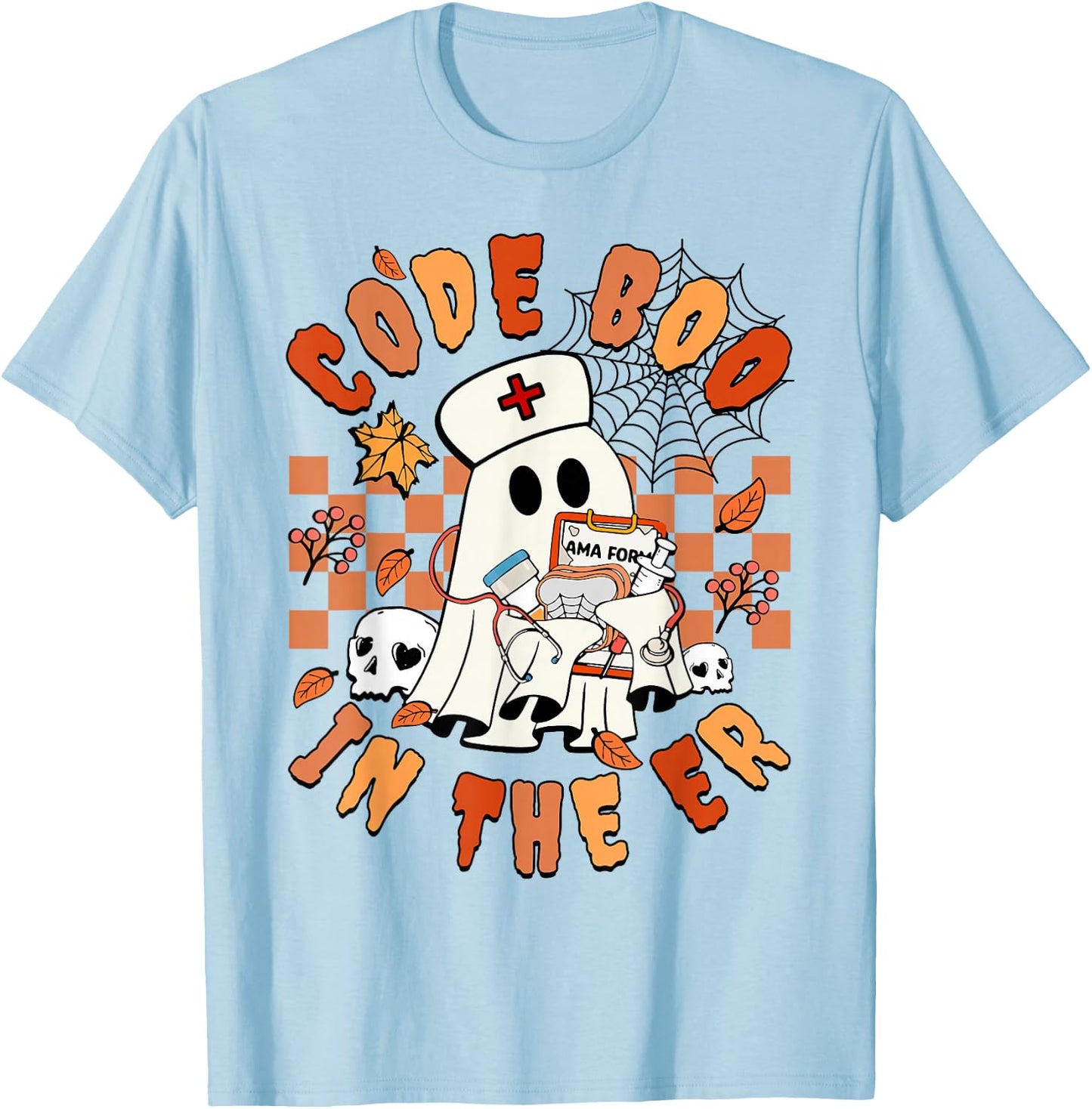 Retro Code Boo In The ER ICU Nurses Ghost Halloween Costume T-Shirt - T-Shirt | Light Blue