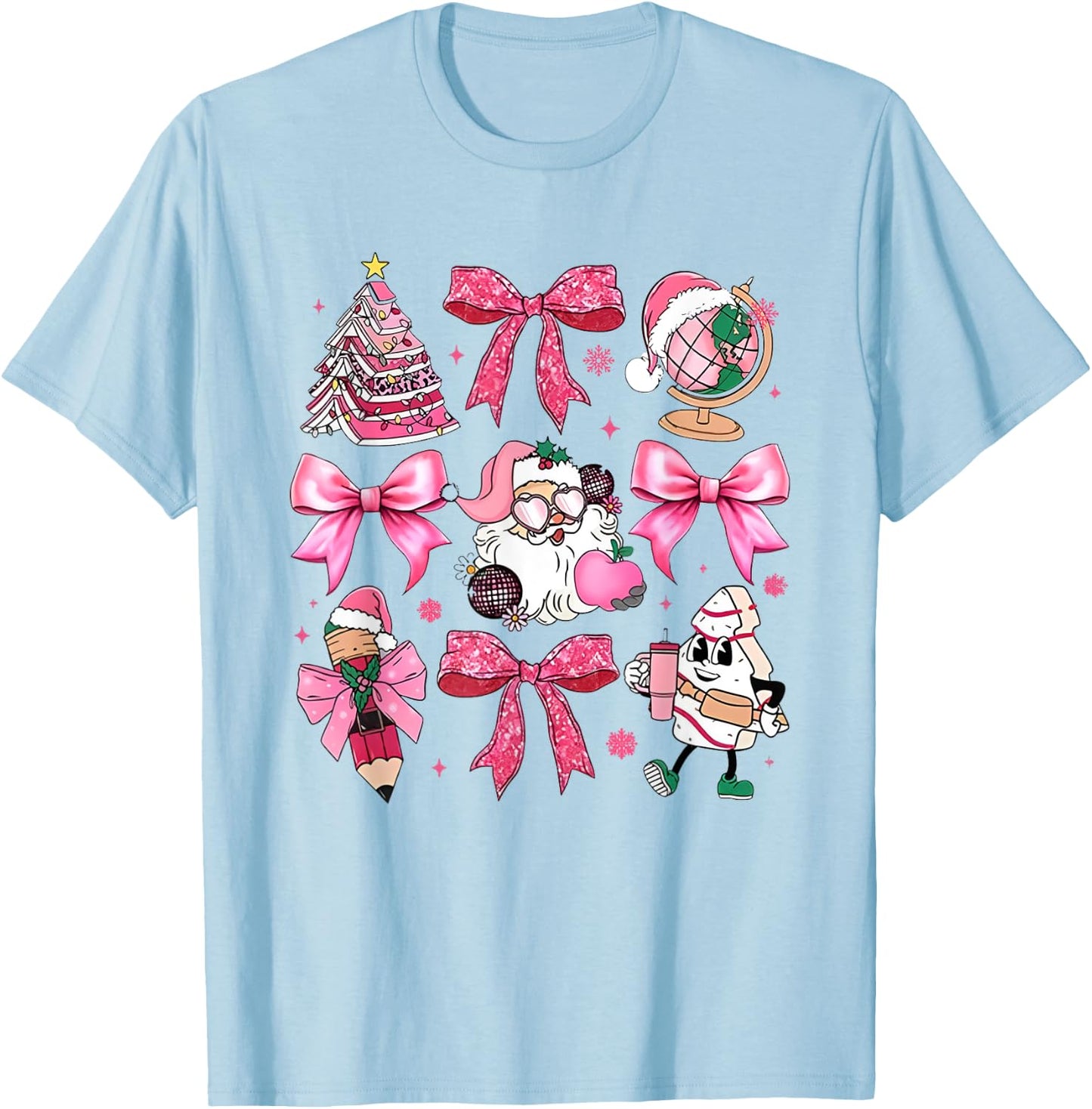 Women Pink Santa Teacher Christmas Coquette Bow Pencil Santa T-Shirt - T-Shirt | Light Blue